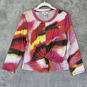DKNY Shirt Womens Medium Multicolor Pleated Twist Front Watercolor Top Blouse